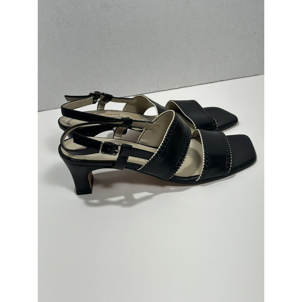 Talbots Black Leather Beige Trim Sandals Size 8 N Chunky Pumps Heels Italy